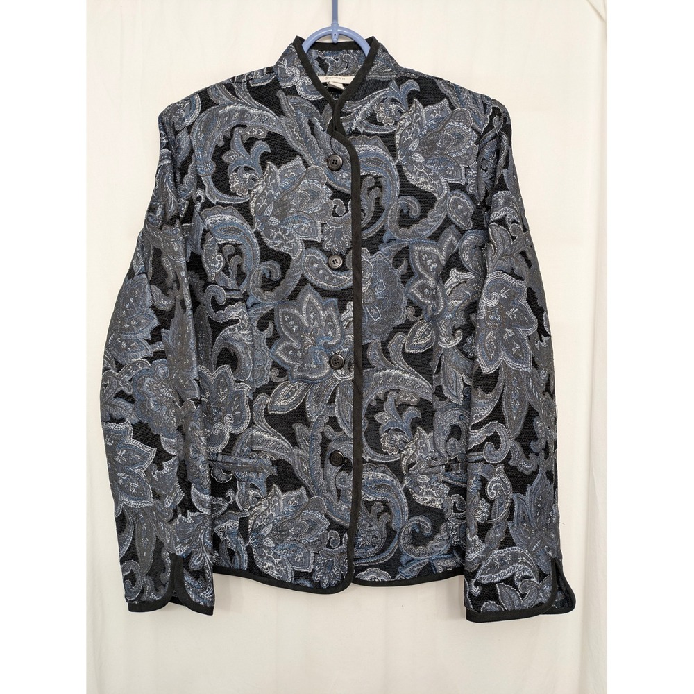 Dressbarn Womens Blue Grey Paisley Tapestry Button Front Jacket Blazer Size M